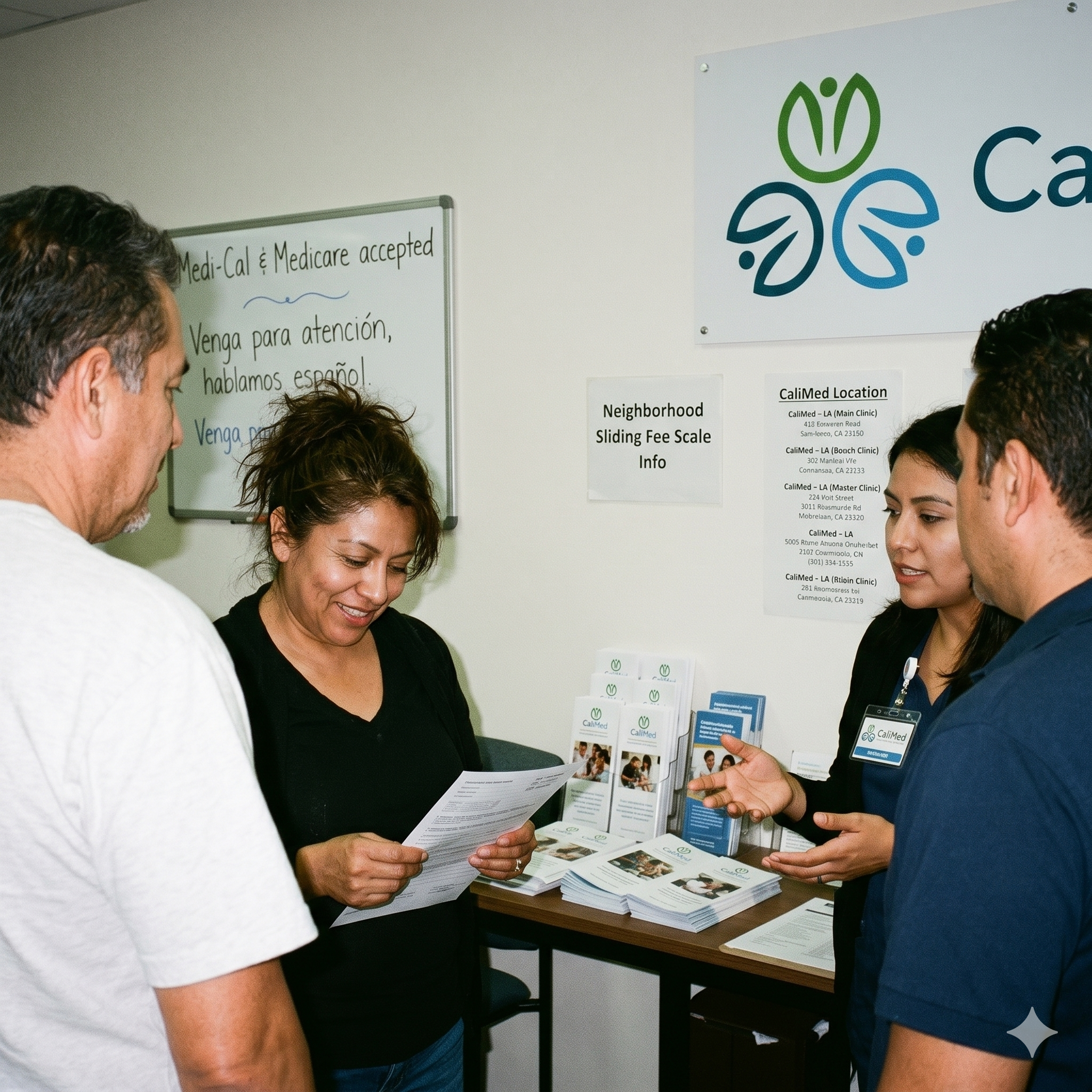 CaliMed staff helping patients with insurance and sliding fee scale information
